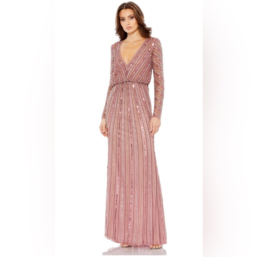SEQUINED V NECK LONG SLEEVE COLUMN GOWN Size 14 Color Rosewood